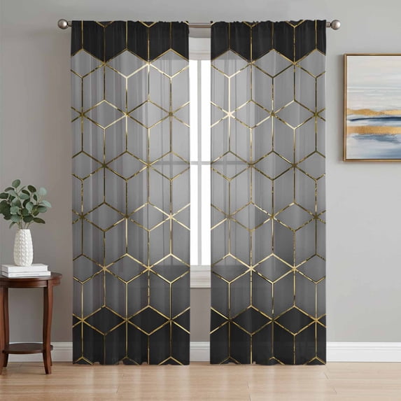 Ombre Gray Geometric Sheer Curtains 108 Inch Length 2 Panels Set Window Treatments, Modern Abstract Art Rod Pocket Semi Curtains for Living Room/Bedroom/Kitchen Décor, 104"W x 108"L
