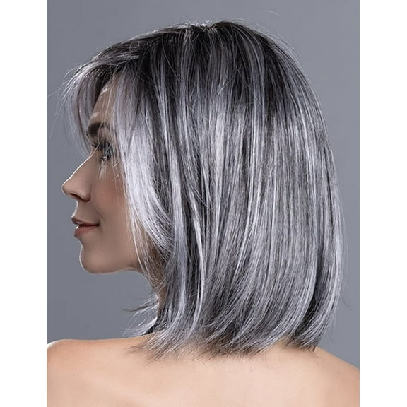 Ombre Gray Short Bob Natural Straight Hair Wig with Curtain Bangs Mix Gray Heat Synthetic Wig Salt N Pepper Wigs for Women Salt Papper
