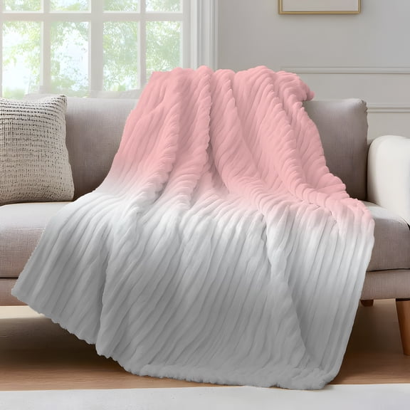 Ombre Gray Throw Blanket for Couch and Pink Gradient Soft and Warm Flannel 3D Striped Fluffy Fuzzy Fleece Blanket Lightweight Throw for Bed, Sofa 30 x 40 Inches