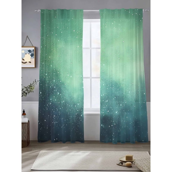 Ombre Green Cloud Sky Sheer Curtains 2 Panels Set, 52" W x 84" L Starry Night Sky Gradient Nature Light Filtering Rod Pocket Voile Drapes, Window Sheer Curtains for Living Room/Bedroom