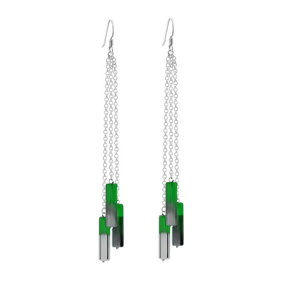 Ombre Green Glass Triple Strand Sterling Silver Chain Dangle Earrings for Female Adult