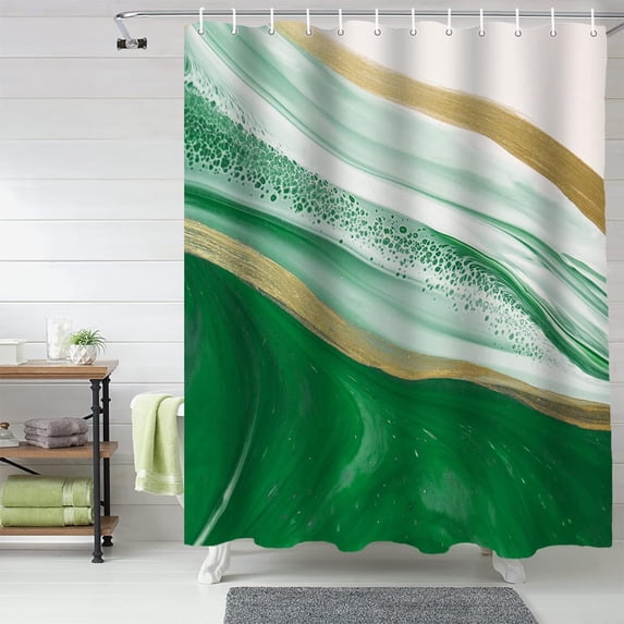 Ombre Green Marble Shower Curtain, Gradual Color Shower Curtain Set with Hooks, Spring Summer Waterproof Fabric Shower Curtains for Bathroom Decor, 72x84 Inch Bath Curtain