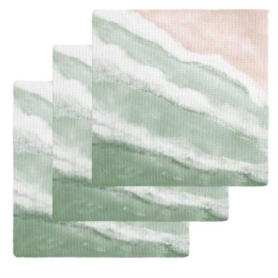 Ombre Green Ocean Kitchen Dish Towels for Drying Dishes Set of 3, Coastal Waves Beach Gradient Waffle Weave Microfiber Hand Tea Bathroom Towels Quick Dry & Absorbent Towel 12x12