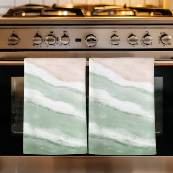 Ombre Green Ocean Kitchen Towels Set of 1, Coastal Waves Beach Gradient Absorbent Dish Towels for Kitchen, Microfiber Hand Towel, Quick Drying Tea Towel for Cleaning Decorative Dishcloths