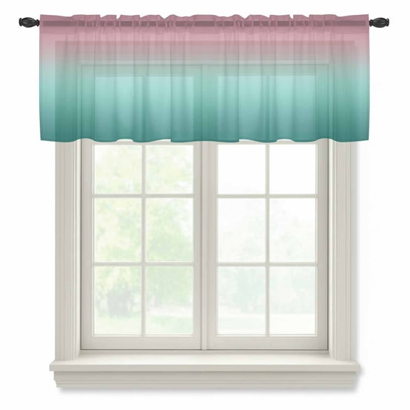 Ombre Green Pink Valance Curtains for Kitchen/Living Room/Bathroom/Bedroom Window, Rod Pocket Small Topper Half Short Window Curtains Voile Sheer Scarf, Colorful Painting 60"x18"