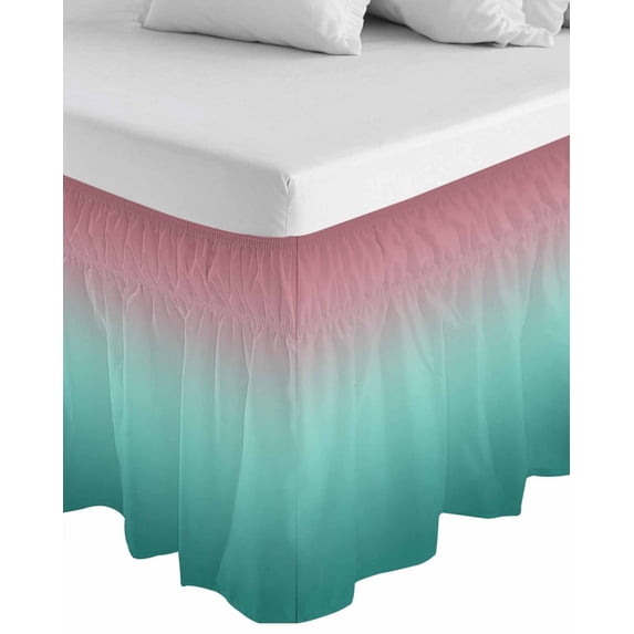 Ombre Green Pink Wrap Around Bed Skirts for King Bed 16" Drop, Bed Skirt with Adjustable Elastic Belt Dust Ruffle Bed Valance for Bedroom Hotel Luxury Colorful Painting Bed Frame Cover