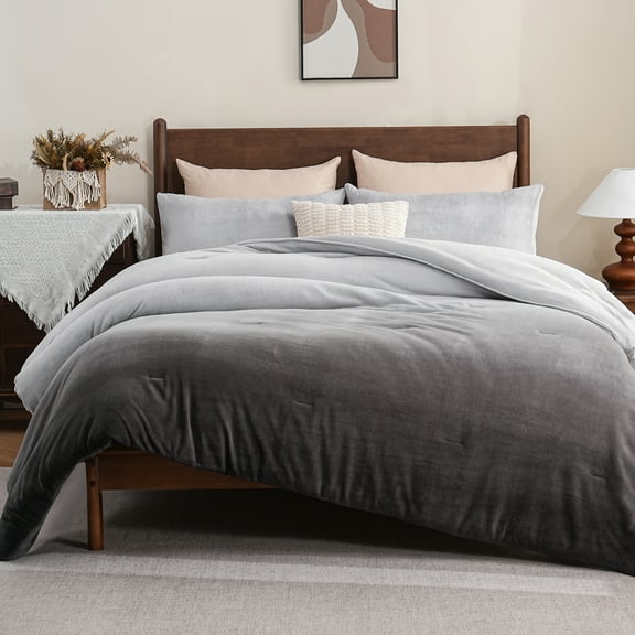 Ombre Green Plush Fleece Comforter Set Queen King Size Ultra Soft Velvety Bedding for Winter Thick Warm Cozy Gradient Quilt Set 3 Pcs All Season Fluffy Velvet Queen Bed Set with 2 Pillowcases