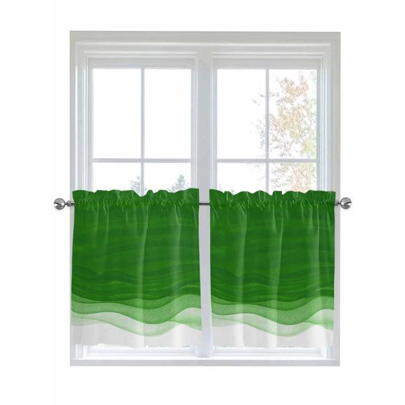 Ombre Green Waves Kitchen Curtains Tier 24 Inch Length, Abstract Art Gradient Modern Rod Pocket Light Filtering Window Curtains Living Room Bedroom Curtain Drapes Cafe Curtain 27.5''x24''x2