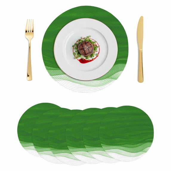 Ombre Green Waves Round 13 Inch Placemats Set of 6, Abstract Art Gradient Modern HeatResistant Non Slip Place Mats for Dining Table, Wipeable Braided Kitchen Table Mats for Housewarming
