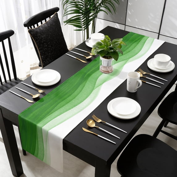 Ombre Green Waves Table Runner 70 Inches Long - Abstract Art Gradient Modern Kitchen Dining Burlap Linen Tablerunner for Small/Round/Square/Wedding/Coffee/Dining Table Party Home Décor 13 x 70