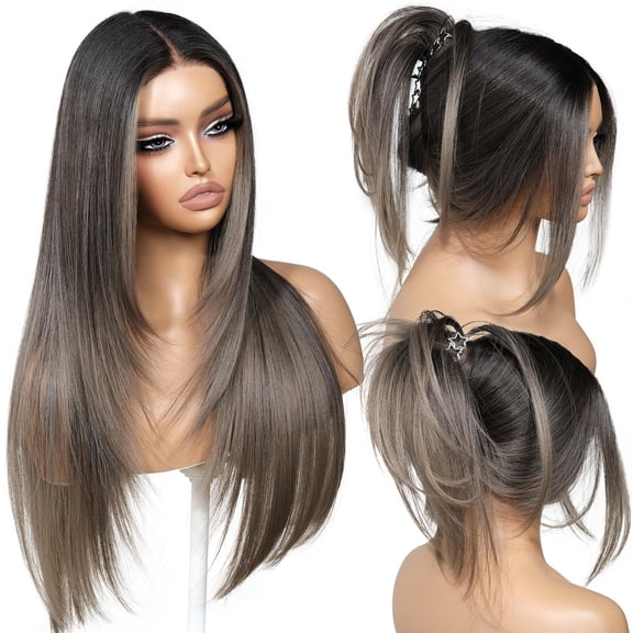 Ombre Grey 26 Inch Synthetic Lace Front Wig with Bangs