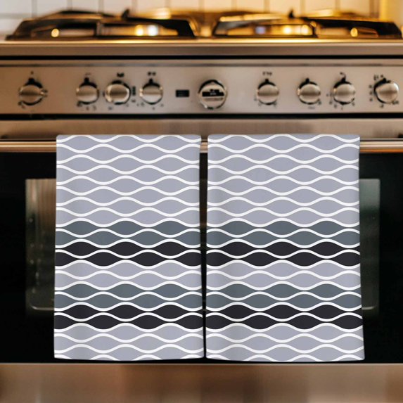 Ombre Grey Kitchen Towels Set of 3, Modern Abstract Waves Morocco Striped Absorbent Dish Towels for Kitchen, Microfiber Hand Towel, Quick Drying Tea Towel for Cleaning Decorative Dishcloths