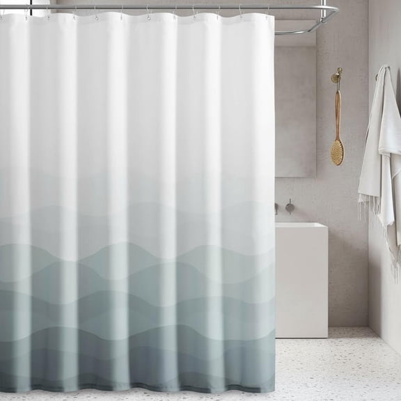 Ombre Grey Ocean Wave Shower Curtain Waterproof Fabric Gradual Color Design Nautical Coastal Beach Bath Decor with Hooks