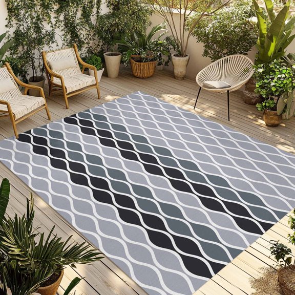 Ombre Grey Outdoor Rug for Patio/Deck/Porch, Non-Slip Large Area Rug 3 x 5 Ft, Modern Abstract Waves Morocco Striped Indoor Outdoor Rugs Washable Area Rugs, Reversible Camping Rug Carpet Runner
