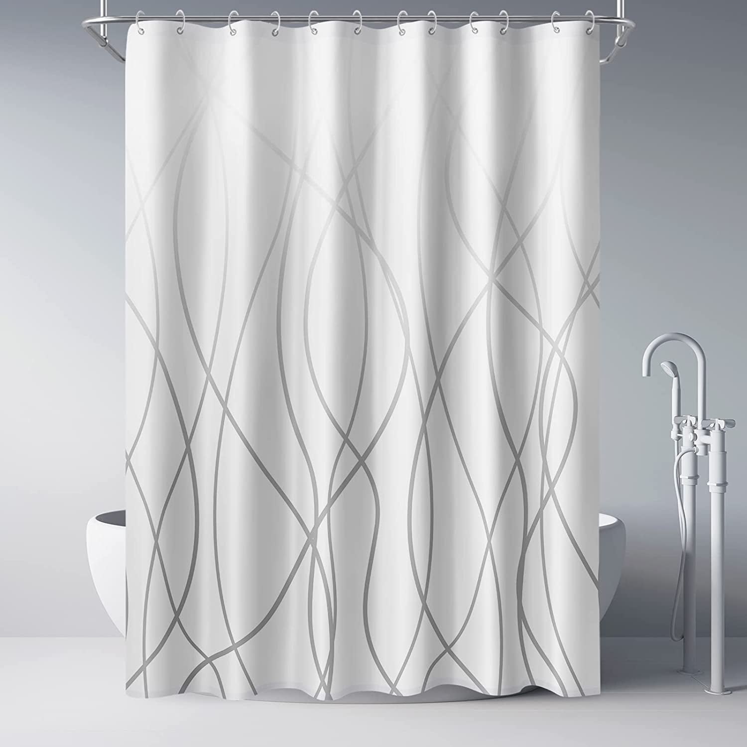 Ombre Grey Shower Curtain for Bathroom with Hooks Extra Long Shower