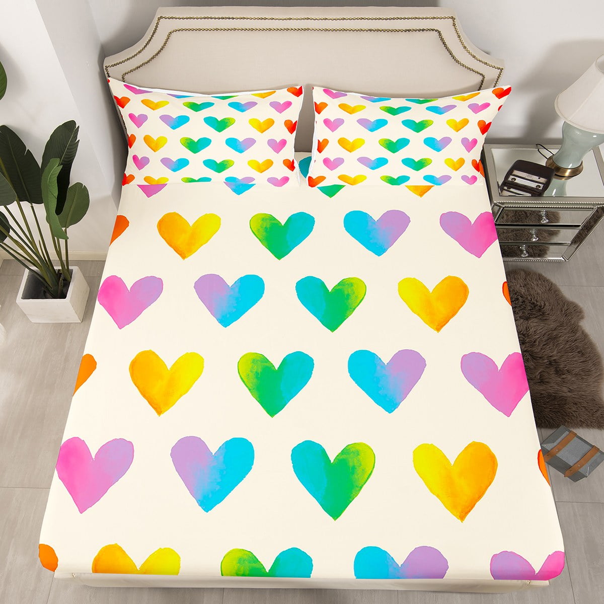 Ombre Hearts Bed Sheets for Kids Girls Rainbow Love Heart Fitted Sheet