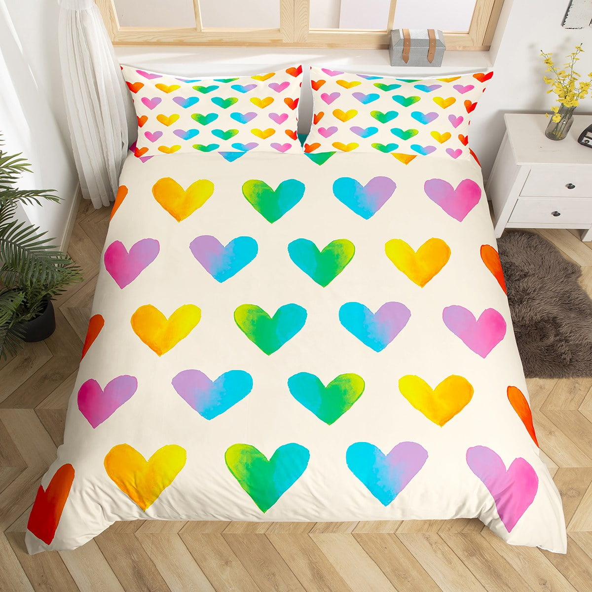 Ombre Hearts Comforter Cover for Kids Girls Rainbow Love Heart Bed Set