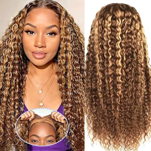Ombre Highlight Wear and Go Glueless Wigs Human Hair Pre Plucked Pre Cut Deep Wave Lace Front Wigs Human Hair Wigs 4x4 Lace Closure Wigs Human Hair 180% Density Curly Wigs Human Hair Wigs 22 Inch