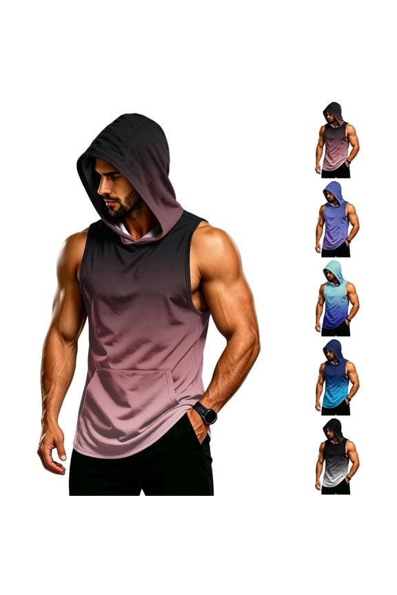 Ombre Hooded Tank For Men, Sleeveless Pullover Workout Vest with Pocket - Breathable Quick-Dry Bodybuilding Stringer for Summer Gym & Outdoor Training Green L