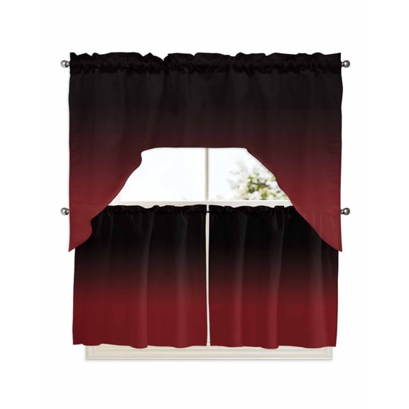Ombre, Kitchen Curtains Swag Valance and Tier Curtains Set 24 Inch Length, Abstract Gradient Red Black Art Rod Pocket Drape Panels Pair Swag Curtains for Bathroom/Cafe/Window
