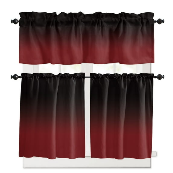 Ombre, Kitchen Curtains and Valances Set, 3 Piece Kitchen Curtains Set 24 Inch Length, Abstract Gradient Red Black Art Rod Pocket Curtains Tier Farmhouse Window Curtains
