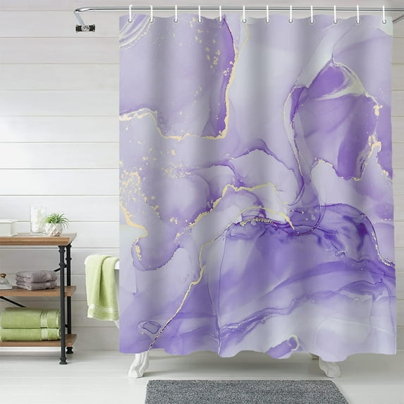 Ombre Lavender Purple Shower Curtain, Marble Texture Shower Curtain Set with Hooks, Spring Summer Waterproof Fabric Shower Curtains for Bathroom Decor, 36x72 Inch Bath Curtain