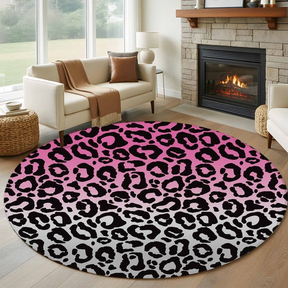 Ombre Leopard 6FT Round Area Rugs for Living Room Print Pink to Gray Gradient Ultra-Thin Non-Slip Round Rugs Machine Washable Low Pile Circle Carpet for Bedroom Kitchen Nursery