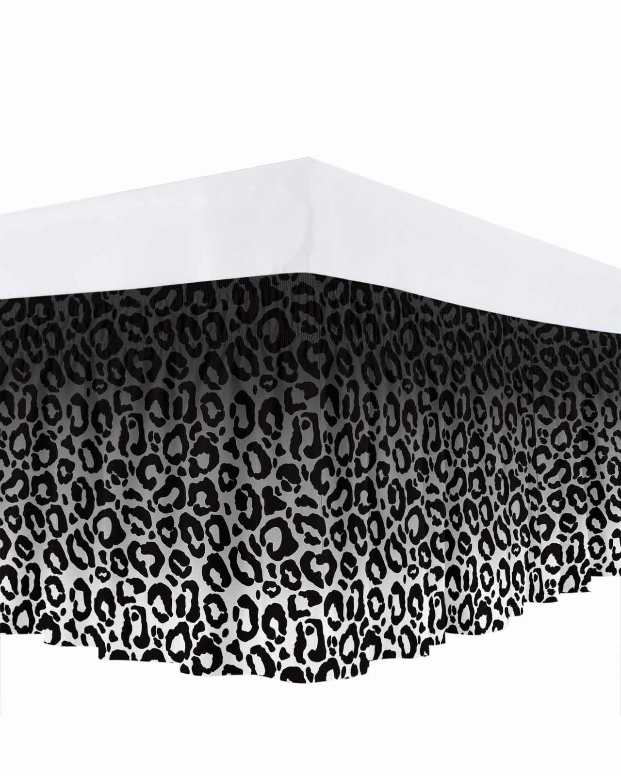 Ombre Leopard Bed Skirt King Size 16" Drop Print Black White Gradient Ruffled Wrap Around Bed Skirts Adjustable Elastic Bedskirt Dust Ruffle for King Size Bed