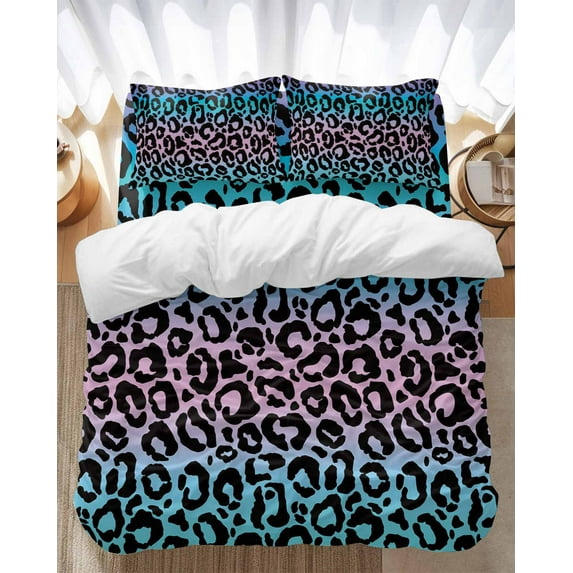 Ombre Leopard Bedding Duvet Cover Set Queen Size 4 Pieces Print Colored Gradient Soft Twill Plush Quilt Cover, Include 1 Duvet Cover 1 Flat Sheet And 2 Pillow