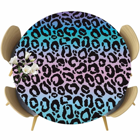 Ombre Leopard Round Fitted Table Cover Print Colored Gradient Waterproof Table Cloth with Elastic Edge Wipeable Tablecloth for Picnic Camping Party Fits 36"-44" Diameter