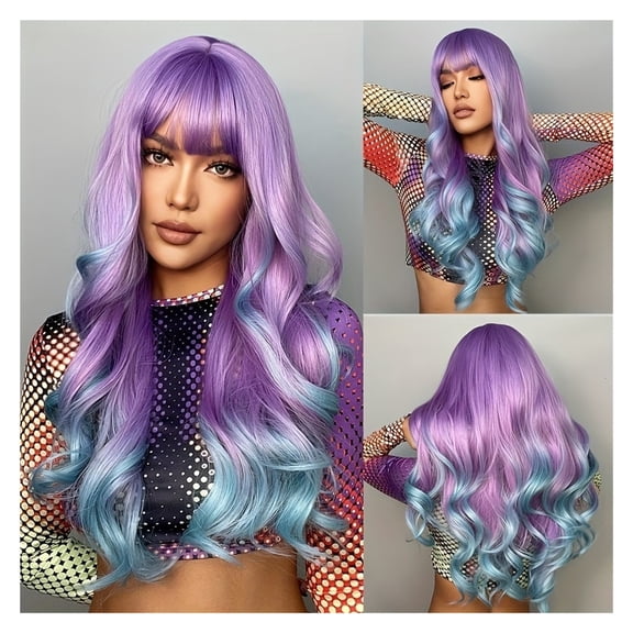 Ombre Long Curly Wig with Bangs for Women - Gradient Color Synthetic Hair Wig, Breathable Rose Mesh Cap, Heat Resistant Fiber for Daily & Party Wear