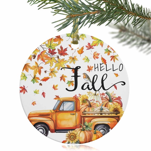 Ombre Maple Leaf Thanksgiving Christmas Ceramic Ornament 2025,3" Round Xmas Tree Hanging Accessories with Gold Ribbon