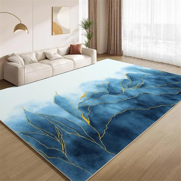 Ombre Navy Blue Area Rug, Blue and Gold Waves Rugs, Ultra Soft Washable Carpet with Non Slip Backing for Living Room Bedroom Gameroom Study Office Home Decor Mat 5 x 7ft