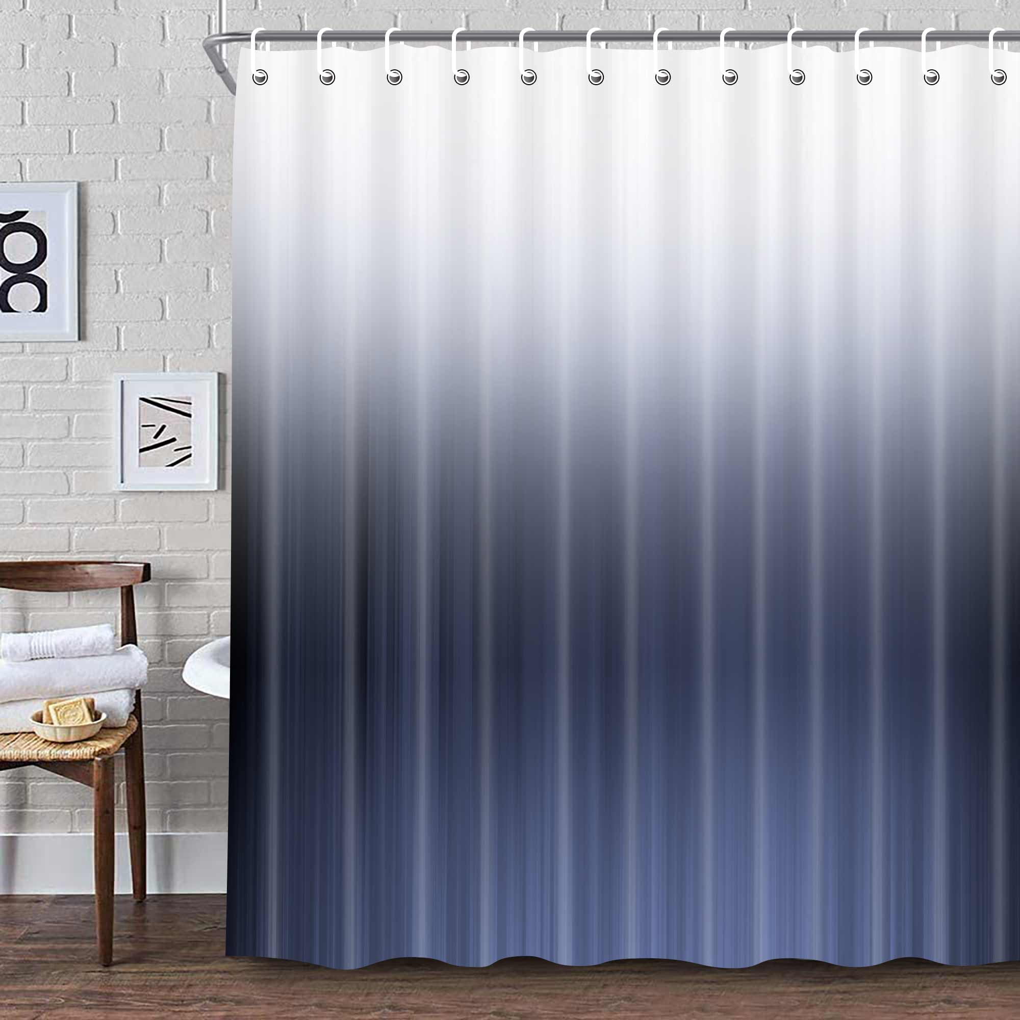 Ombre Navy Blue Fabric Shower Curtain Sets with Shower Curtain Hooks ...