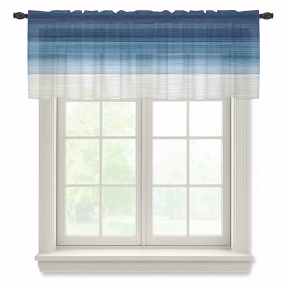 Ombre Navy Semi Sheer Valance Curtains Blue Striped Abstract Gradient Texture Minimalist Voile Valances Curtain Rod Pocket Small Window Treatment for Kitchen Bathroom Cafe 42"x12"