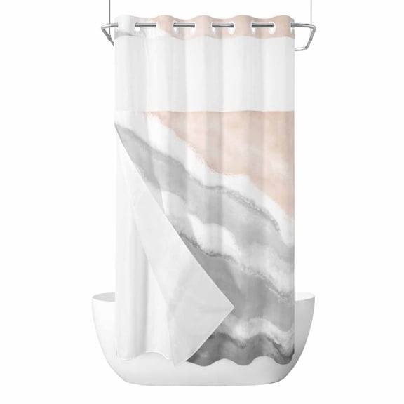 Ombre Ocean Beach No Hook Shower Curtain with Snap in Liner, Waterproof Fabric Shower Curtains, Nautical Coastal Beach Sandy Gradient Gray Shower Curtain Set Top See Through for Bathroom 36"x72"