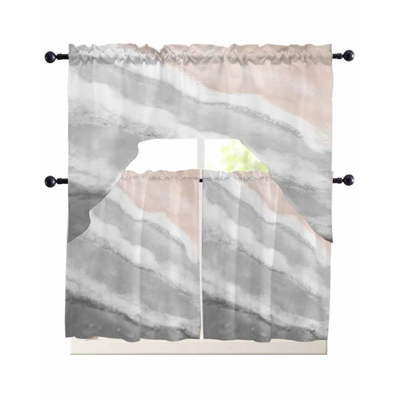 Ombre Ocean Beach Kitchen Curtains Sets 36 Inch Length with Valance, Nautical Coastal Beach Sandy Gradient Gray Swag Valances and Tiers Curtain Set Swag Curtains for Living Room, Bathroom, Cafe