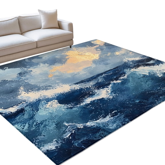 Ombre Ocean Waves Area Rugs 5x8ft Coastal Navy Blue Gradient Abstract Floor Rug Non Slip Low Pile Ultra Soft Throw Carpet for Entryway Indoor Entrance Kitchen Bathroom