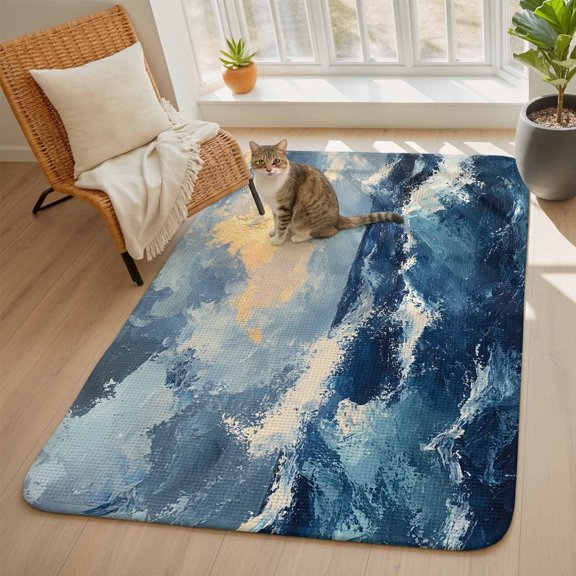 Ombre Ocean Waves Area Rugs for Living Room 5x6, Coastal Navy Blue Gradient Abstract Washable Area Rug with Non Slip Backing, Stain Resist Linen Carpet for Bedroom, Dining Room, Entryway, Entrance
