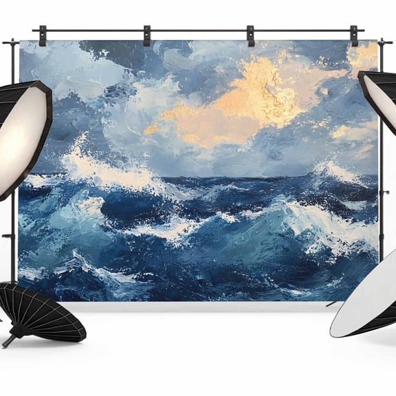 Ombre Ocean Waves Backdrop for Photography, Coastal Navy Blue Gradient Abstract Photo Backdrop Portrait Background Party Banner Photo Backgrounds for Studio Booth Props, 7x5ft