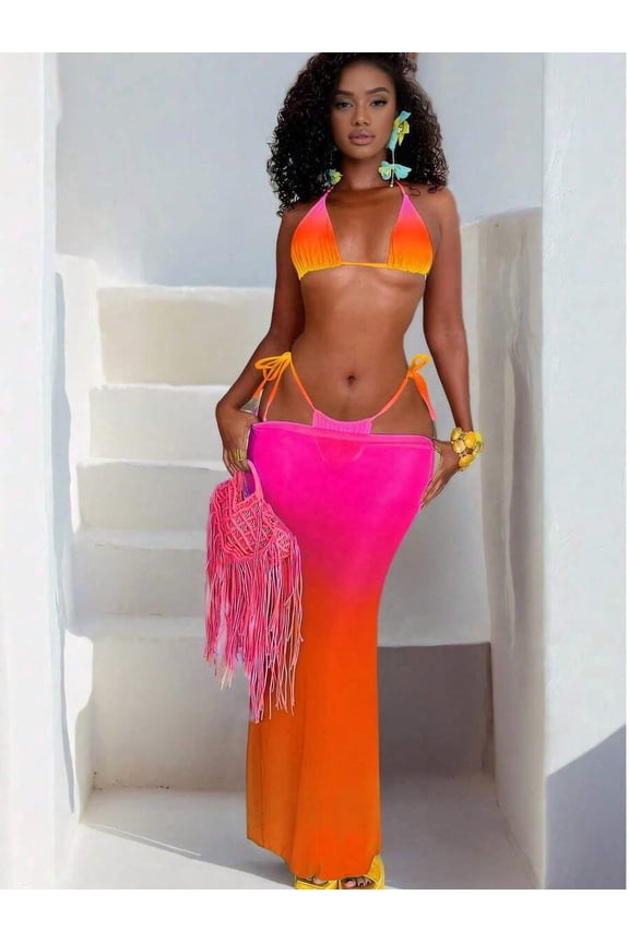 Ombre Orange Pink Halter Bikini Set With Fringe Skirt - 3 Piece