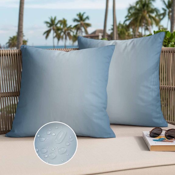 Ombre Outdoor Waterproof Throw Pillow Covers Set of 2, 16"x16", Haze Blue Gradient Decorative Pillow Covers Outside Cushion Case for Patio Porch Garden