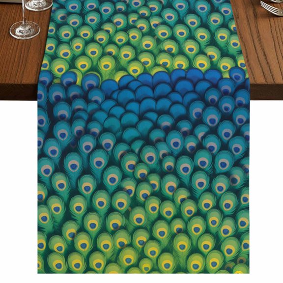 Ombre Peacock Burlap Cotton Table Runner 16x72 Inches Long, Vintage Abstract Peacock Feather Gradient Blue Farmhouse Table Runners, Outdoor Dining Tablecloths Decor for Baby Shower/Party/Wedding