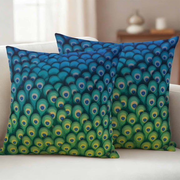 Ombre Peacock Outdoor Waterproof Throw Pillow Covers 24x24 Set of 2, Vintage Abstract Peacock Feather Gradient Blue Pillowcases Cushion Pillowcase for Couch Sofa Patio Outside Pillow Protector