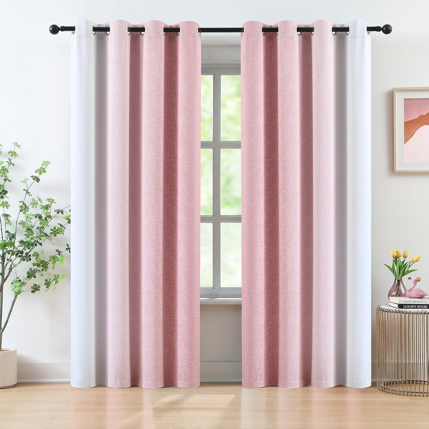 Ombre Pink Blackout Curtains Girls Room Bedroom Gradient Thermal Insulated Room Darkening Window Curtains Grommet Living Room Home Decor Pure White to Pink 26"W x 63"L (Pack of 2)