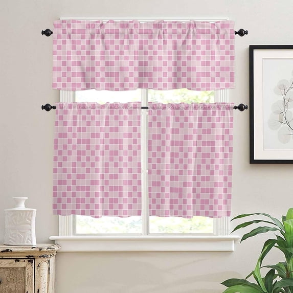 Ombre Pink Plaid Kitchen Curtains and Valances Set, Farmhouse Cafe Curtains Tier Rod Pocket Half Window Curtain 24 Inch Length Modern Minimalism Art Lattice 3 Piece Kitchen Curtain Set