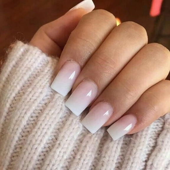 Ombre Pink Press on Nails Short Medium Square Glue on Nails White and Pink, French Fake Nails Short Coffin, Acrylic Nails Press on, Gradient Gel Nails For Women Everyday & Wedding 24 Pcs