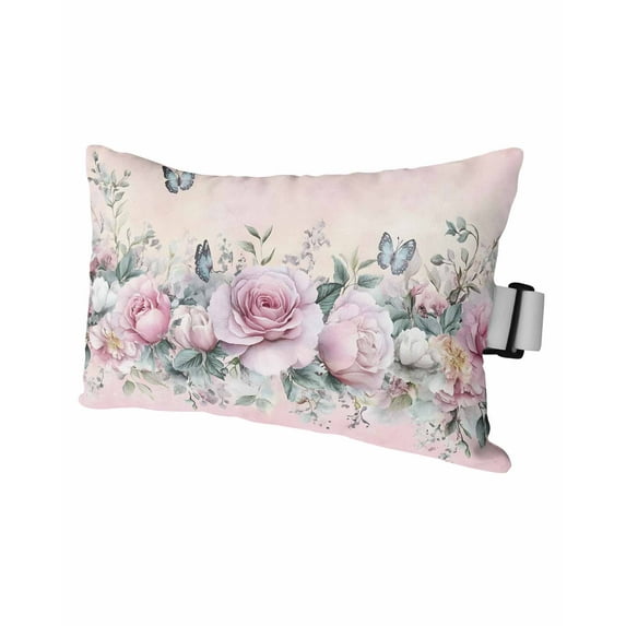 Ombre Pink Rose Butterfly Outdoor Head Resting Pillows with Insert Vintage Flowers 1 Pack Waterproof Lumbar Pillows with Adjustable Elastic Strap for Patio Recliner Chaise Beach Chair, 12"x20"