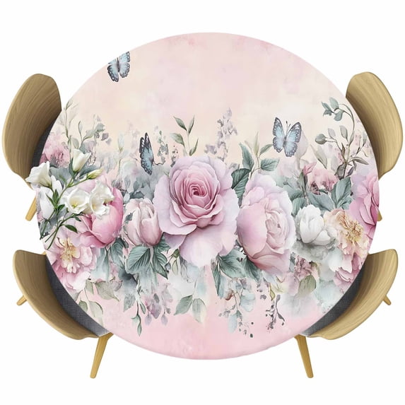 Ombre Pink Rose Butterfly Round Fitted Table Cover Vintage Flowers Waterproof Table Cloth with Elastic Edge Wipeable Tablecloth for Picnic Camping Party Fits 36"-44" Diameter