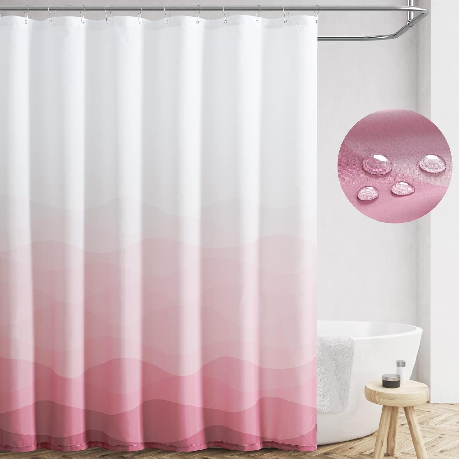 Ombre Pink Shower Curtain, Ocean Wave Modern Fabric Shower Curtains for